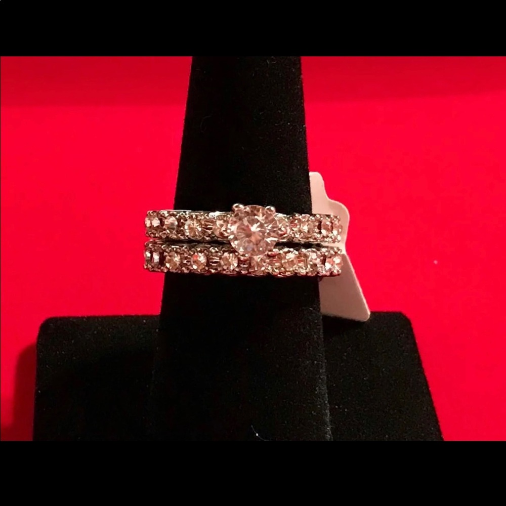 Silver Round Cut Rhinestone Wedding Rings Set - Picture 2 of 11